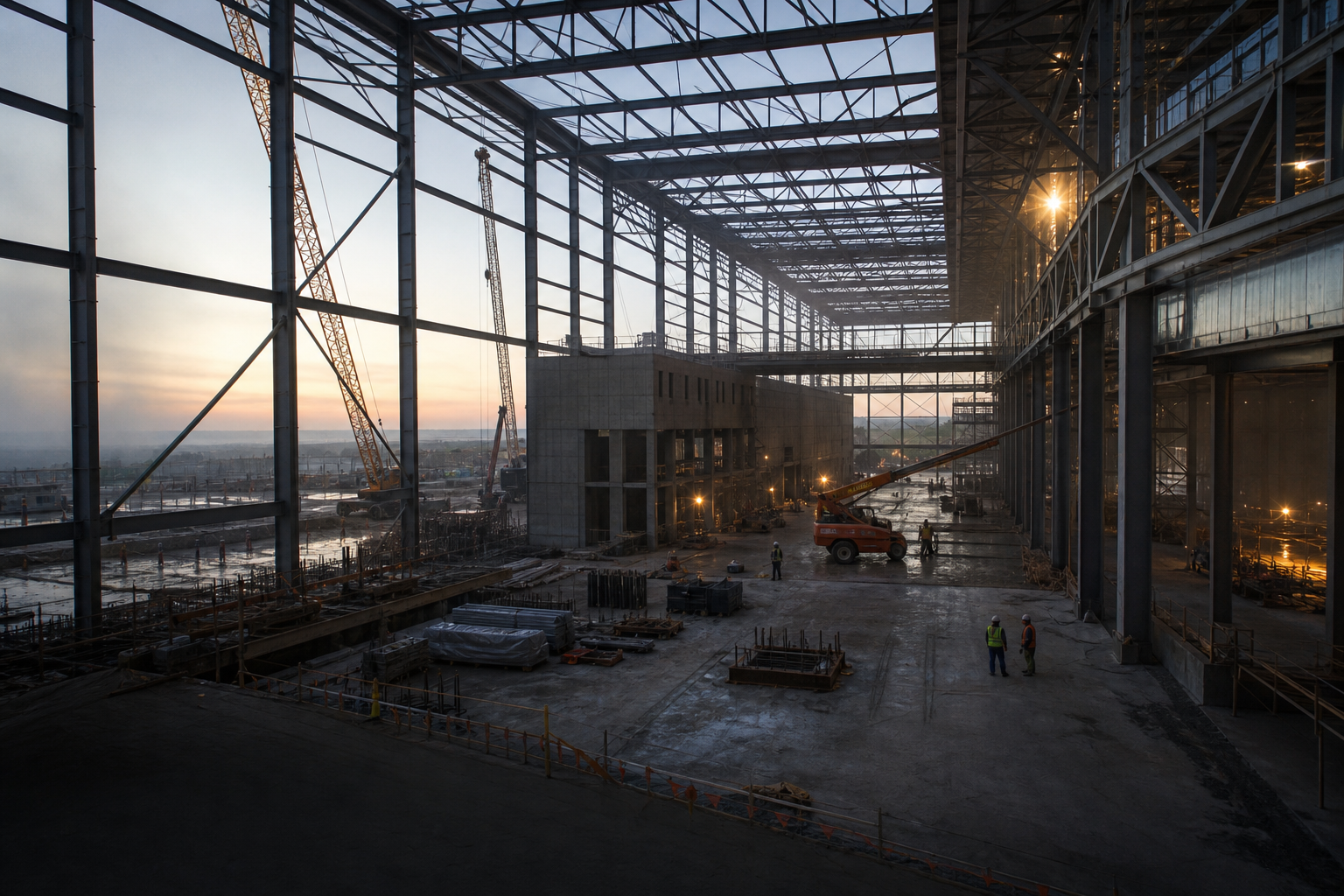 Structural-steel frame of a large active industrial construction project at dawn